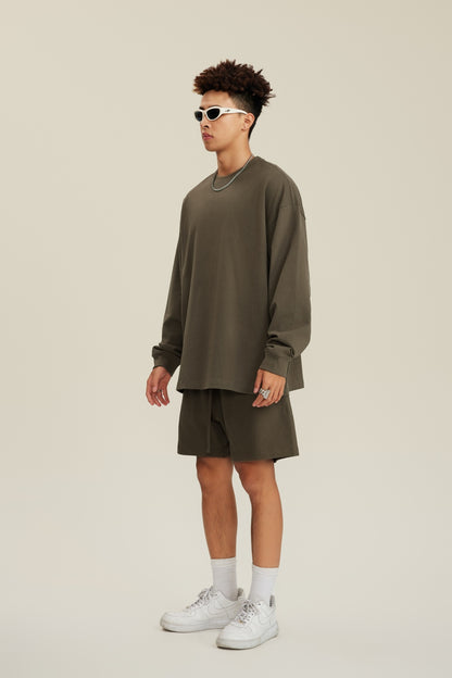 305GSM Unisex Premium Heavyweight Double-Yarn Plain Fabric Earth-Tone Basic Layering Long sleeve Brown