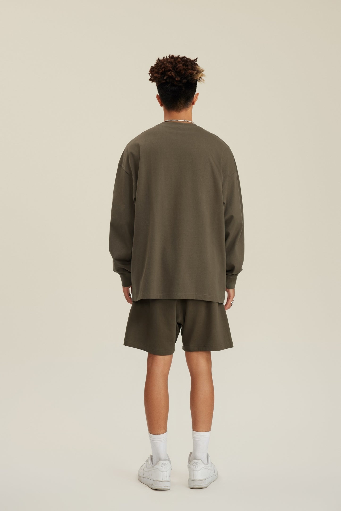 305GSM Unisex Premium Heavyweight Double-Yarn Plain Fabric Earth-Tone Basic Layering Long sleeve Brown
