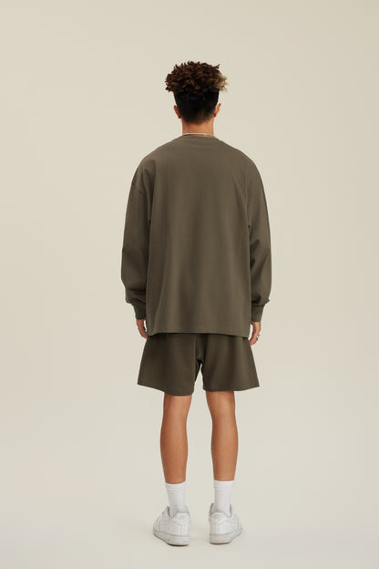 305GSM Unisex Premium Heavyweight Double-Yarn Plain Fabric Earth-Tone Basic Layering Long sleeve Brown