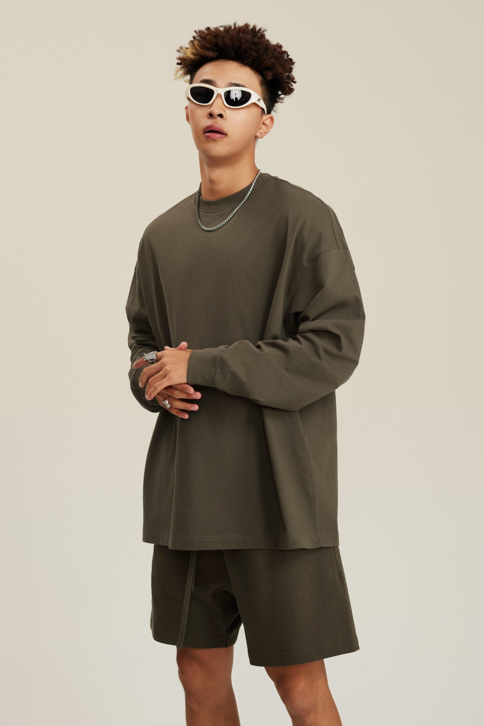 305GSM Unisex Premium Heavyweight Double-Yarn Plain Fabric Earth-Tone Basic Layering Long sleeve Brown