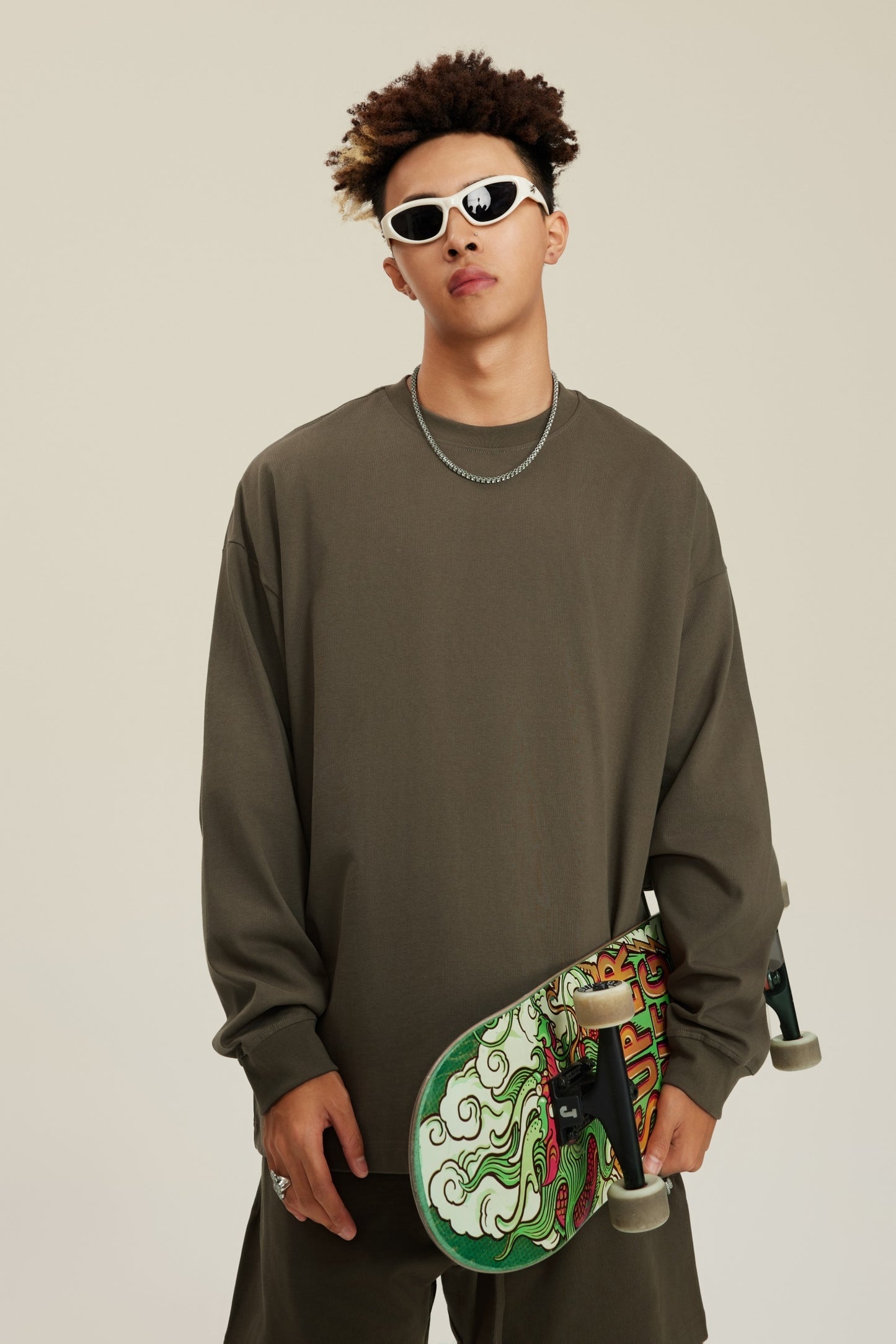 305GSM Unisex Premium Heavyweight Double-Yarn Plain Fabric Earth-Tone Basic Layering Long sleeve Brown
