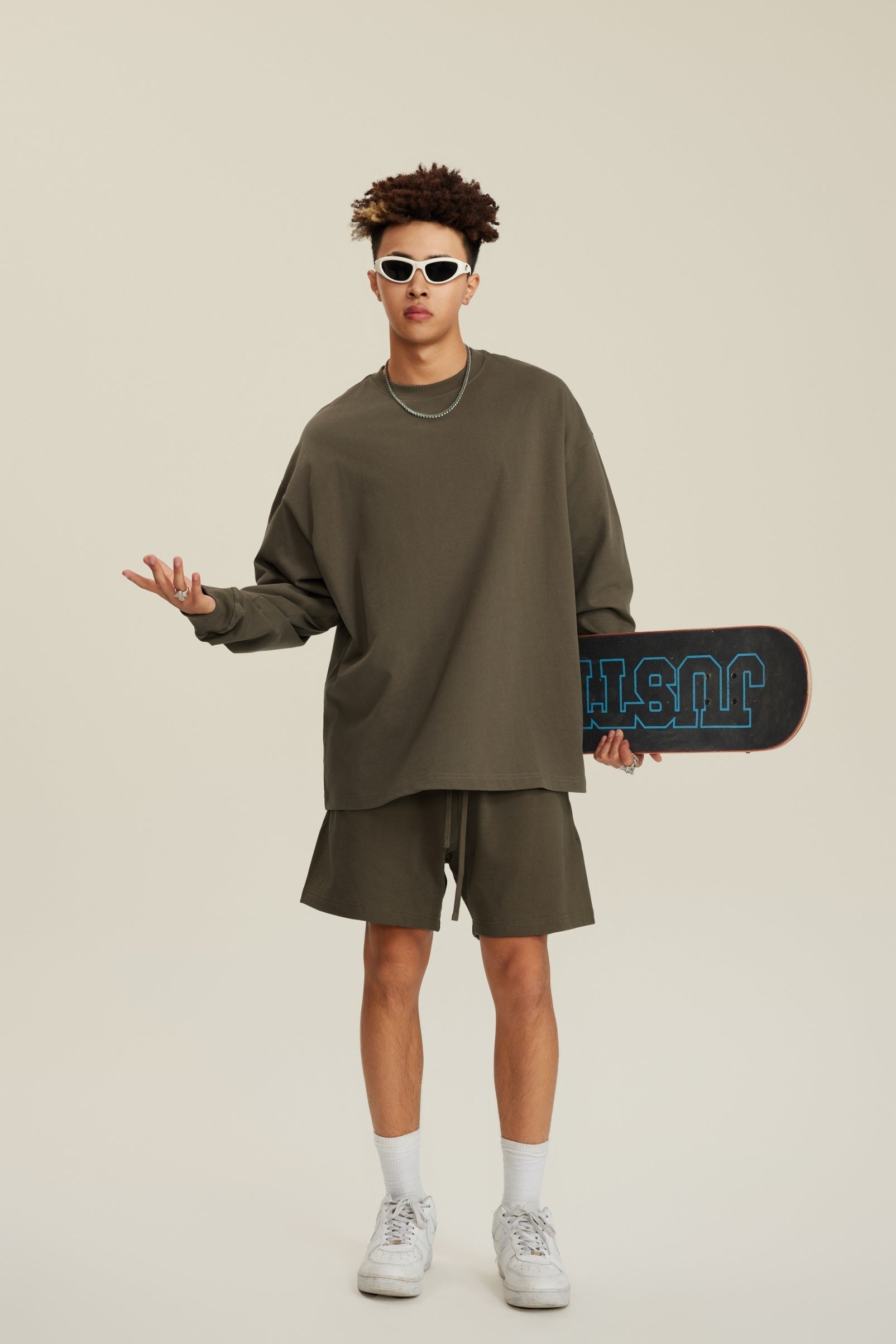 305GSM Unisex Premium Heavyweight Double-Yarn Plain Fabric Earth-Tone Basic Layering Long sleeve Brown