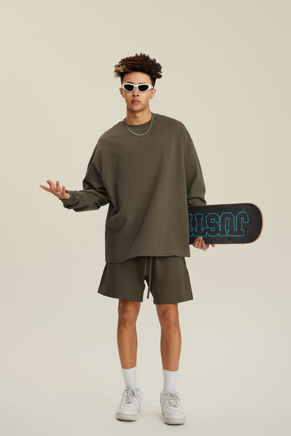 305GSM Unisex Premium Heavyweight Double-Yarn Plain Fabric Earth-Tone Basic Layering Long sleeve Brown