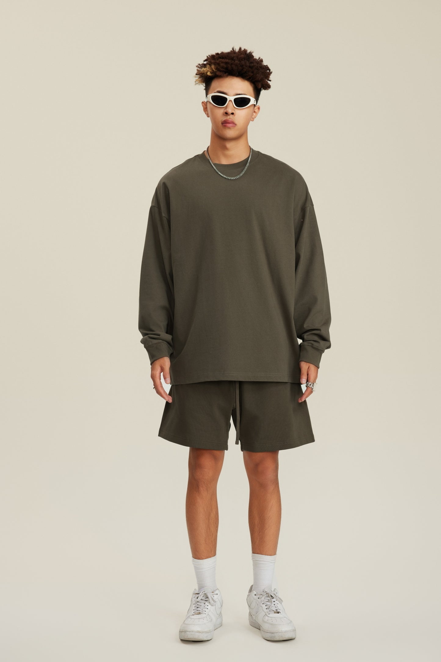 305GSM Unisex Premium Heavyweight Double-Yarn Plain Fabric Earth-Tone Basic Layering Long sleeve Brown