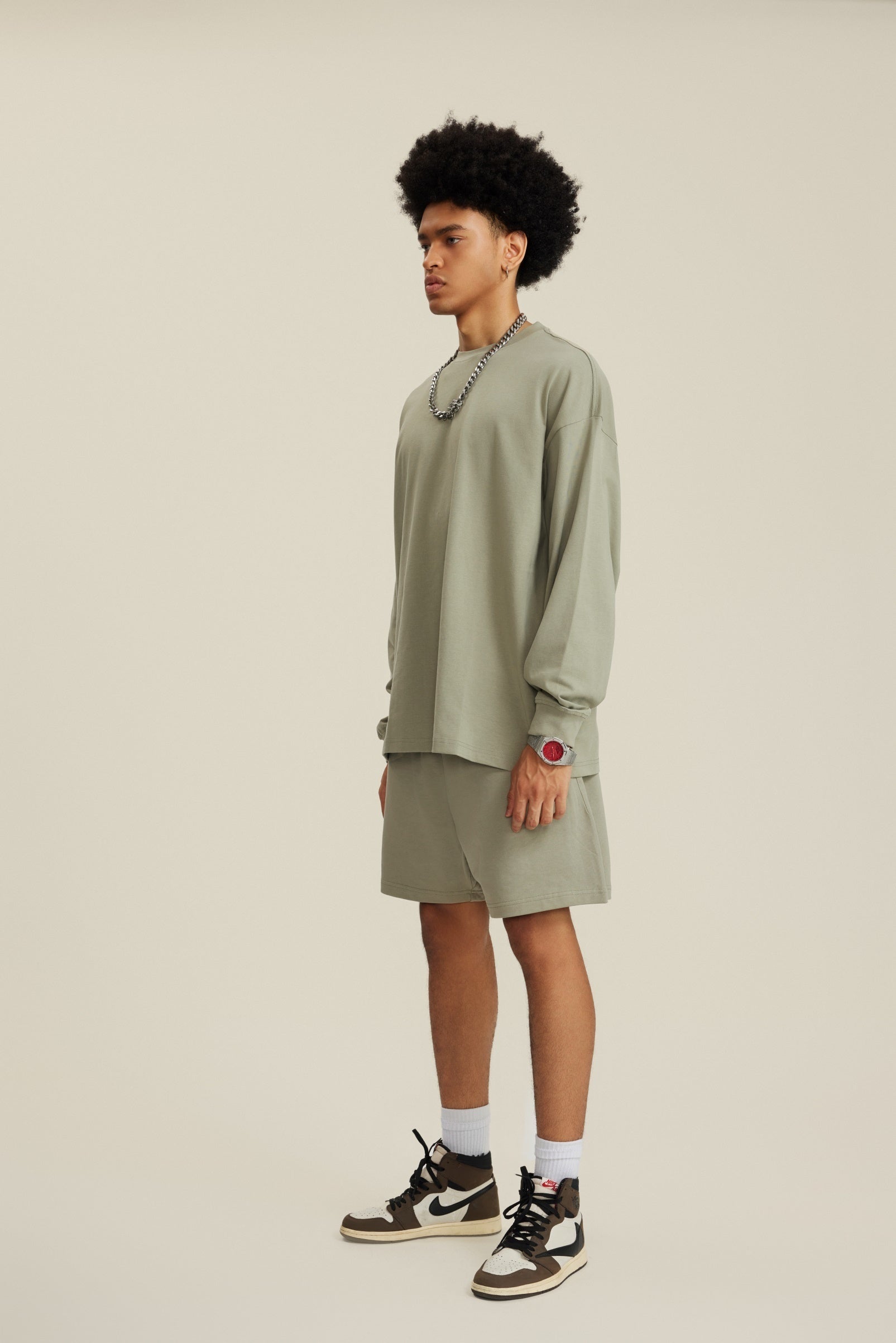 305GSM Unisex Premium Heavyweight Double-Yarn Plain Fabric Earth-Tone Basic Layering Long sleeve Grey Green
