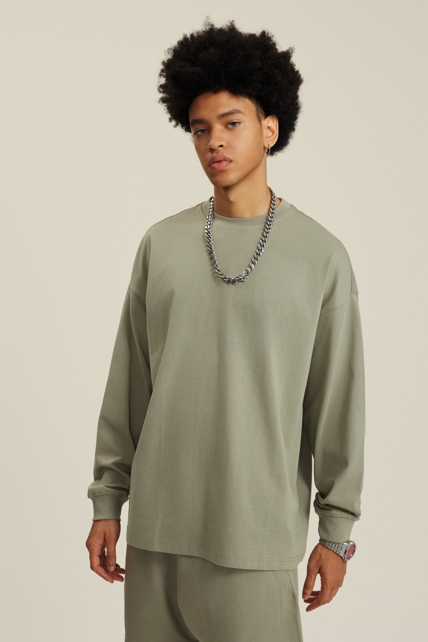305GSM Unisex Premium Heavyweight Double-Yarn Plain Fabric Earth-Tone Basic Layering Long sleeve Grey Green