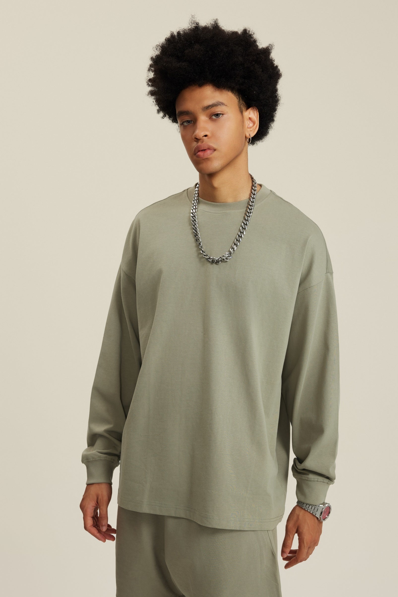 305GSM Unisex Premium Heavyweight Double-Yarn Plain Fabric Earth-Tone Basic Layering Long sleeve Grey Green