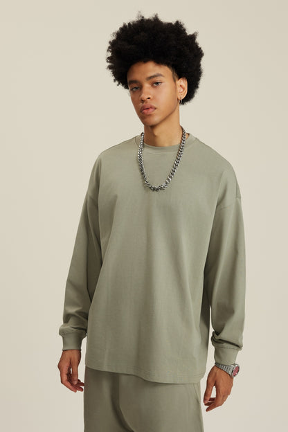 305GSM Unisex Premium Heavyweight Double-Yarn Plain Fabric Earth-Tone Basic Layering Long sleeve Grey Green
