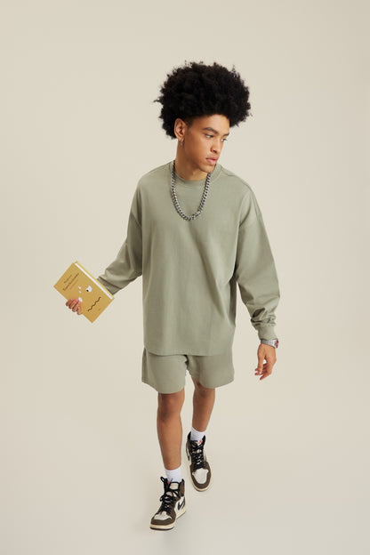 305GSM Unisex Premium Heavyweight Double-Yarn Plain Fabric Earth-Tone Basic Layering Long sleeve Grey Green