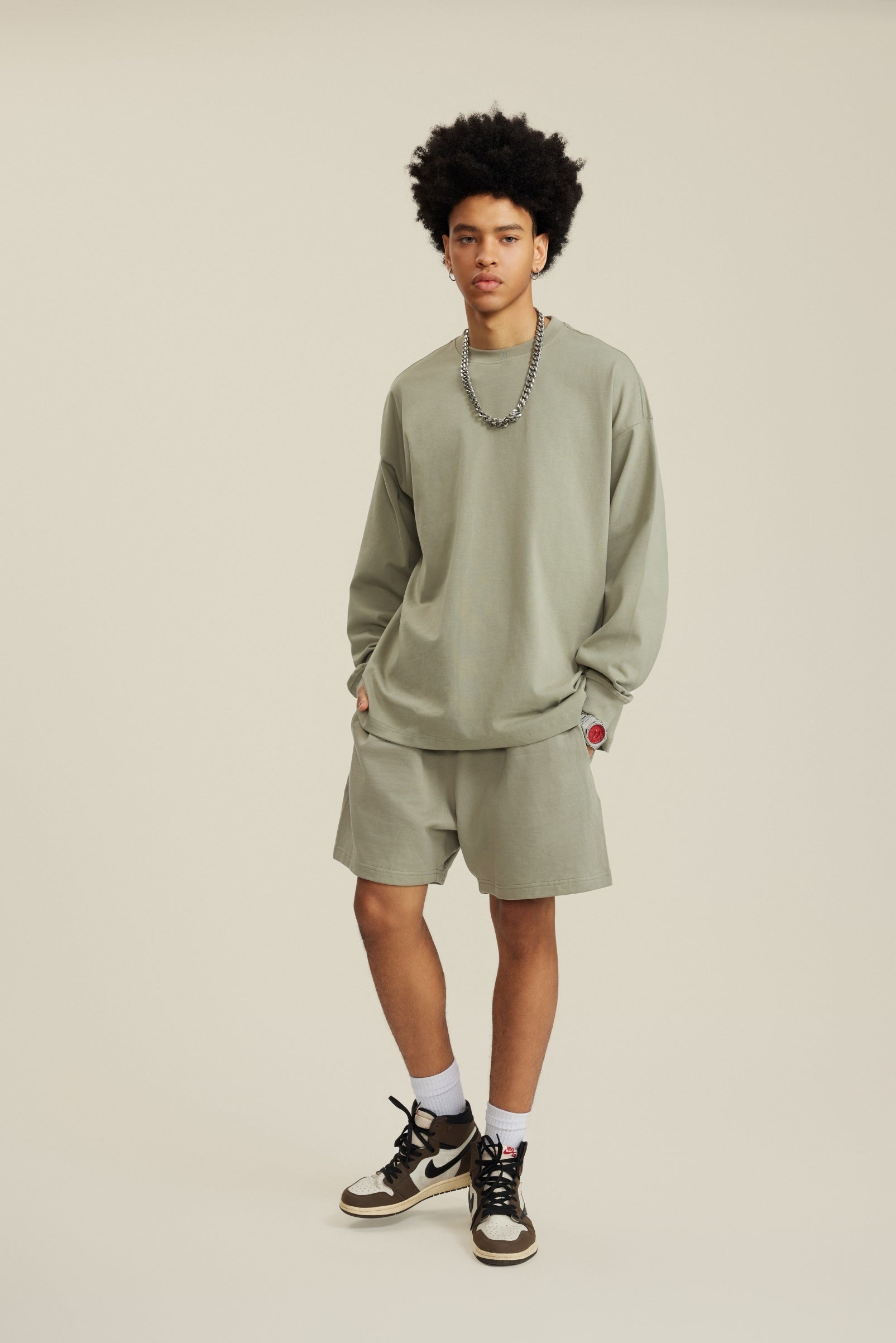 305GSM Unisex Premium Heavyweight Double-Yarn Plain Fabric Earth-Tone Basic Layering Long sleeve Grey Green