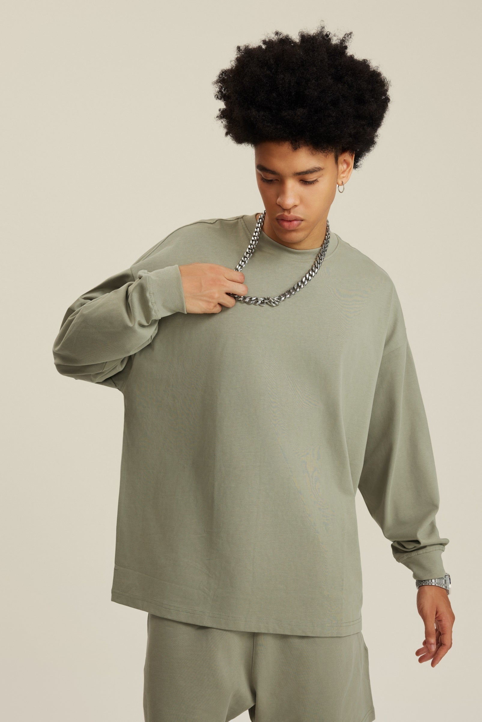 305GSM Unisex Premium Heavyweight Double-Yarn Plain Fabric Earth-Tone Basic Layering Long sleeve Grey Green