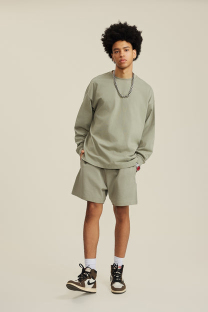 305GSM Unisex Premium Heavyweight Double-Yarn Plain Fabric Earth-Tone Basic Layering Long sleeve Grey Green