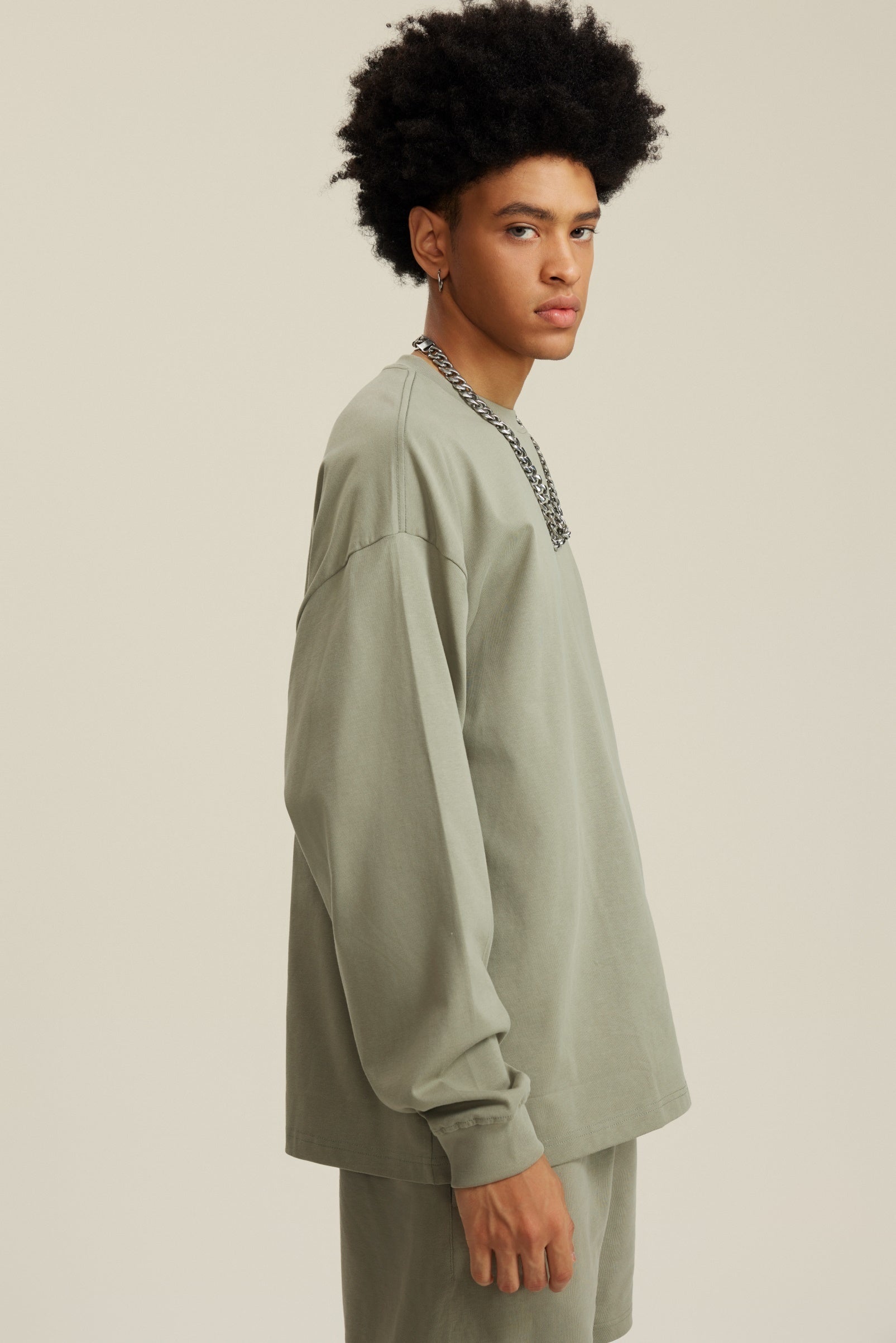 305GSM Unisex Premium Heavyweight Double-Yarn Plain Fabric Earth-Tone Basic Layering Long sleeve Grey Green