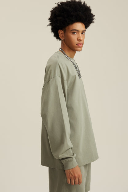 305GSM Unisex Premium Heavyweight Double-Yarn Plain Fabric Earth-Tone Basic Layering Long sleeve Grey Green