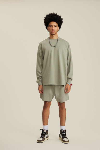 305GSM Unisex Premium Heavyweight Double-Yarn Plain Fabric Earth-Tone Basic Layering Long sleeve Grey Green