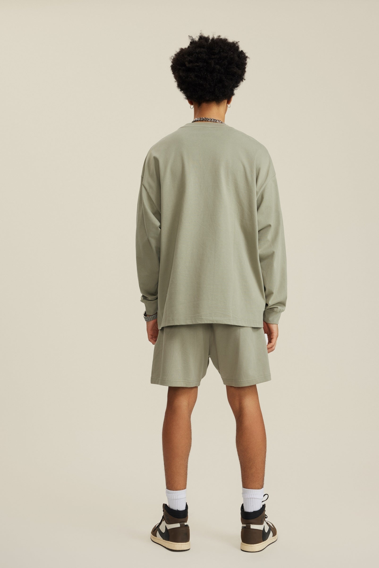 305GSM Unisex Premium Heavyweight Double-Yarn Plain Fabric Earth-Tone Basic Layering Long sleeve Grey Green