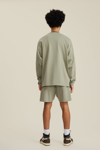 305GSM Unisex Premium Heavyweight Double-Yarn Plain Fabric Earth-Tone Basic Layering Long sleeve Grey Green