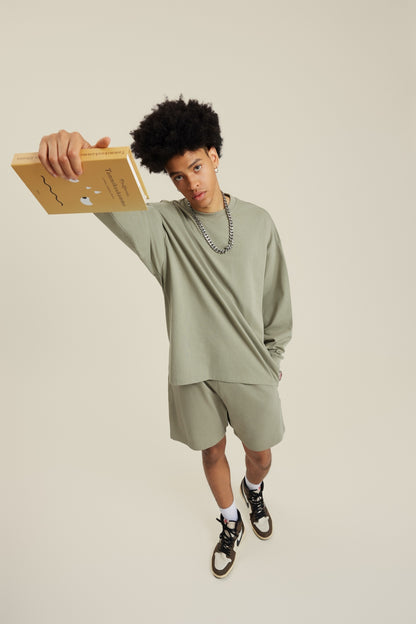305GSM Unisex Premium Heavyweight Double-Yarn Plain Fabric Earth-Tone Basic Layering Long sleeve Grey Green