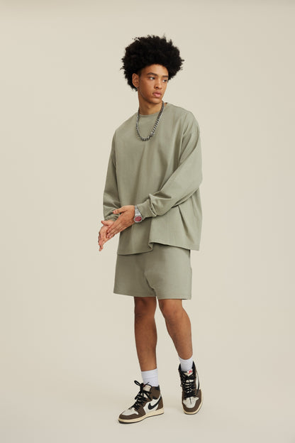 305GSM Unisex Premium Heavyweight Double-Yarn Plain Fabric Earth-Tone Basic Layering Long sleeve Grey Green