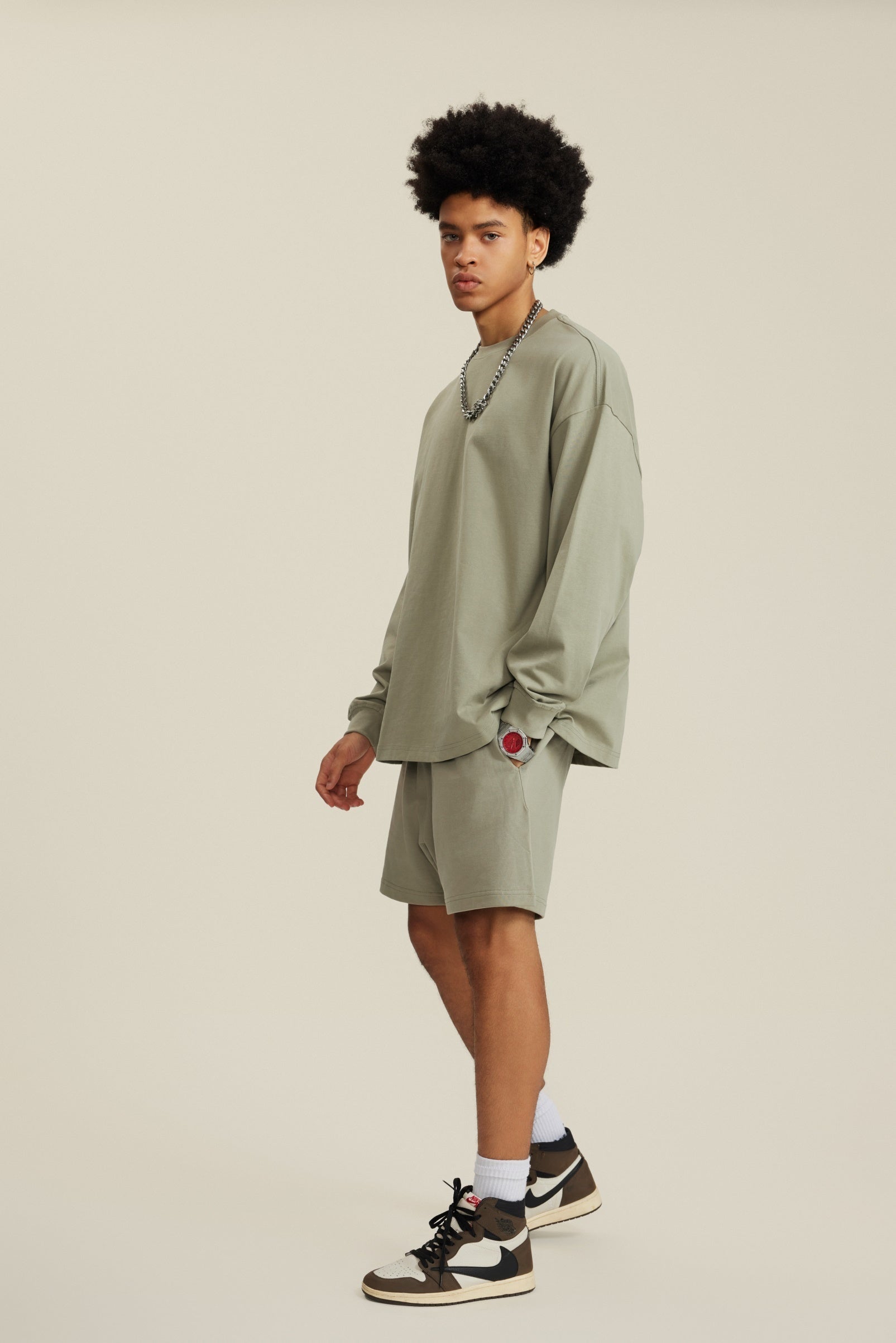 305GSM Unisex Premium Heavyweight Double-Yarn Plain Fabric Earth-Tone Basic Layering Long sleeve Grey Green
