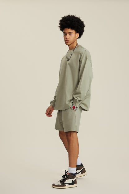 305GSM Unisex Premium Heavyweight Double-Yarn Plain Fabric Earth-Tone Basic Layering Long sleeve Grey Green