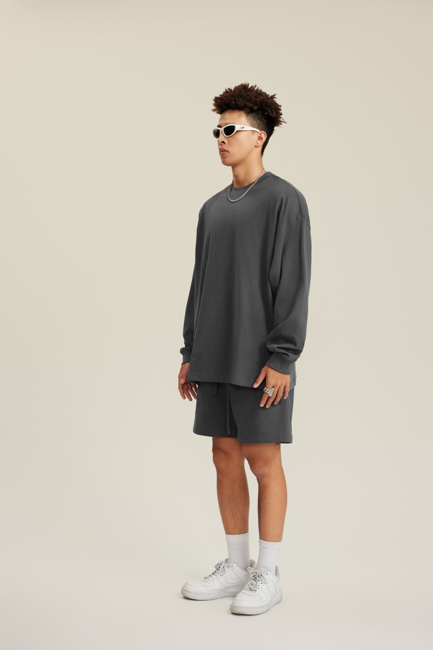 305GSM Unisex Premium Heavyweight Double-Yarn Plain Fabric Earth-Tone Basic Layering Long sleeve Carbon Grey