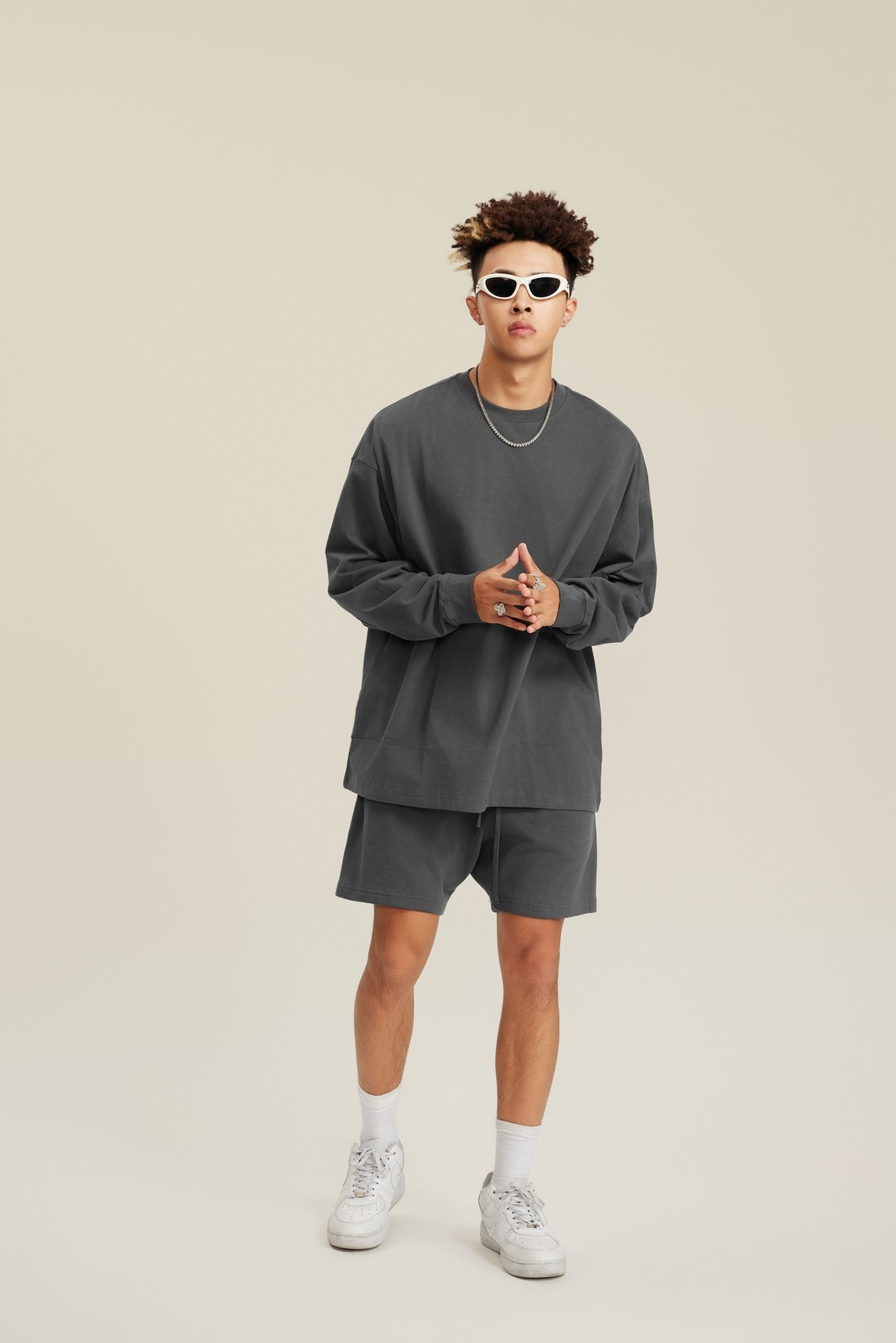 305GSM Unisex Premium Heavyweight Double-Yarn Plain Fabric Earth-Tone Basic Layering Long sleeve Carbon Grey