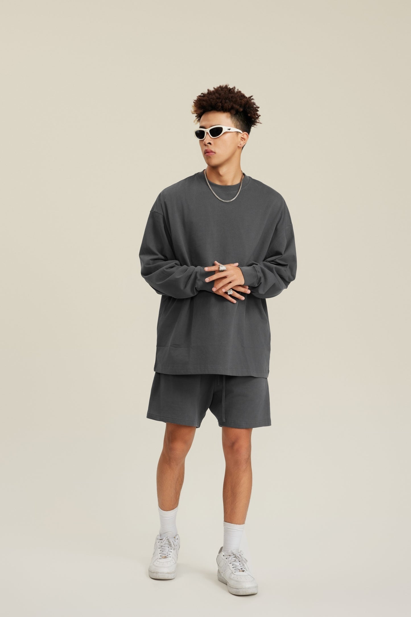 305GSM Unisex Premium Heavyweight Double-Yarn Plain Fabric Earth-Tone Basic Layering Long sleeve Carbon Grey