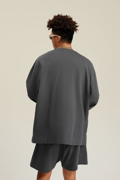 305GSM Unisex Premium Heavyweight Double-Yarn Plain Fabric Earth-Tone Basic Layering Long sleeve Carbon Grey