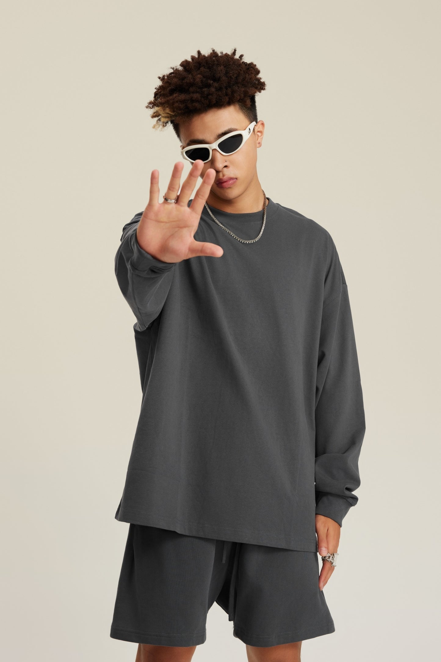 305GSM Unisex Premium Heavyweight Double-Yarn Plain Fabric Earth-Tone Basic Layering Long sleeve Carbon Grey
