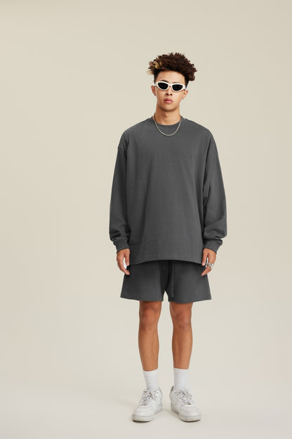 305GSM Unisex Premium Heavyweight Double-Yarn Plain Fabric Earth-Tone Basic Layering Long sleeve Carbon Grey