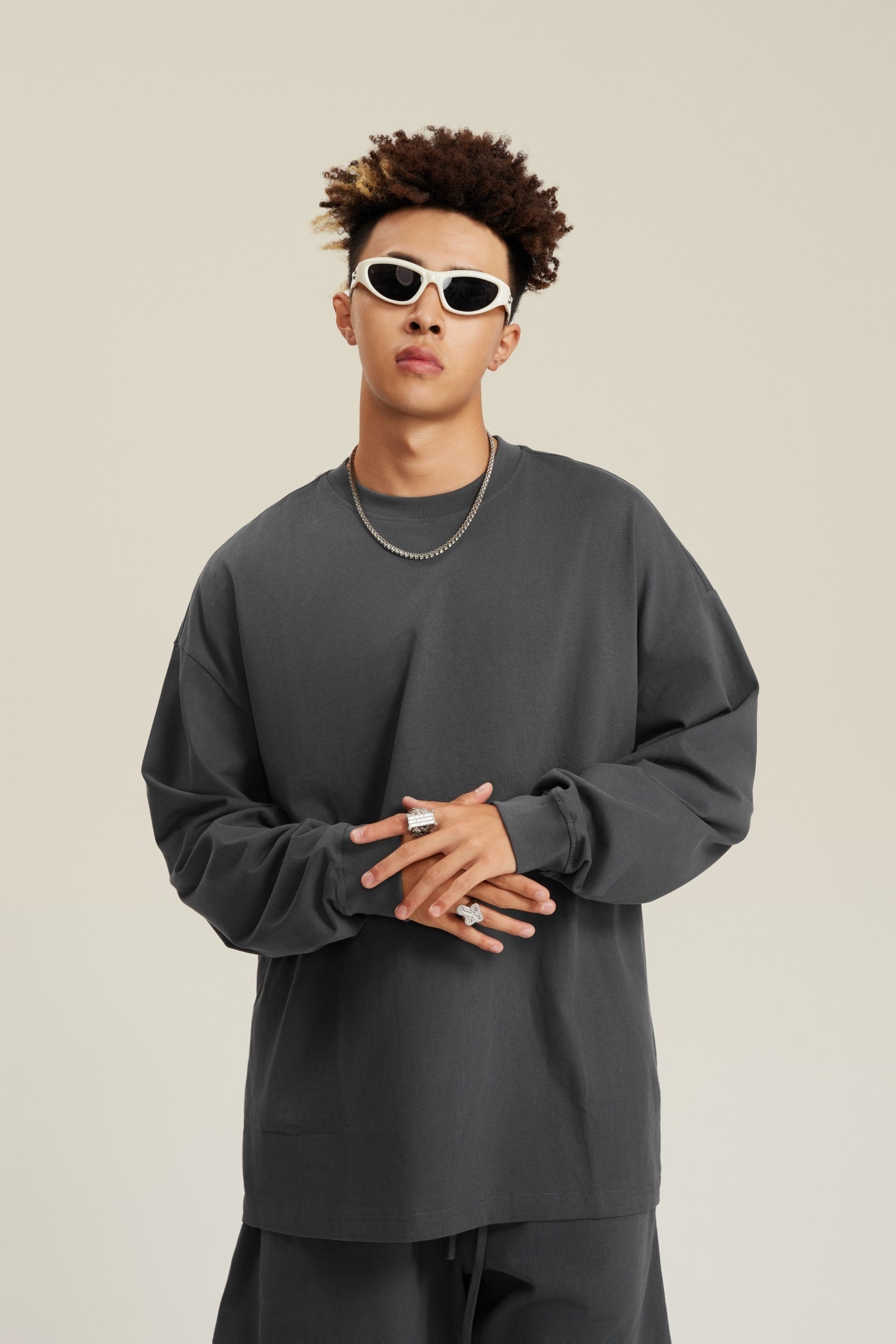 305GSM Unisex Premium Heavyweight Double-Yarn Plain Fabric Earth-Tone Basic Layering Long sleeve Carbon Grey