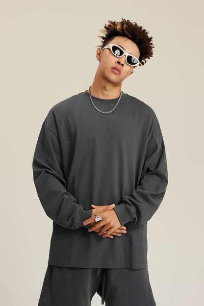 305GSM Unisex Premium Heavyweight Double-Yarn Plain Fabric Earth-Tone Basic Layering Long sleeve Carbon Grey