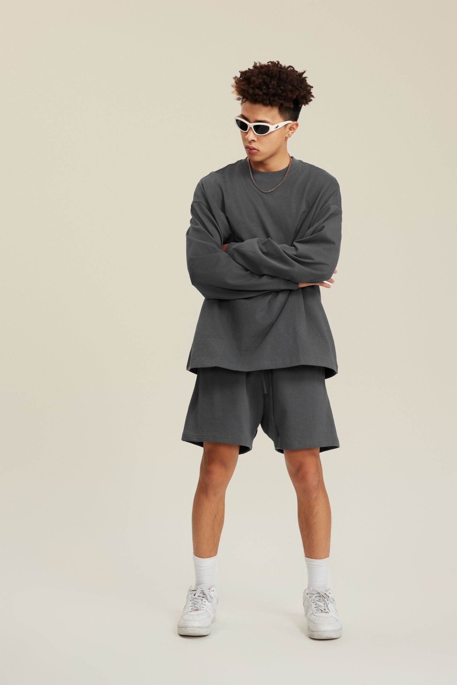 305GSM Unisex Premium Heavyweight Double-Yarn Plain Fabric Earth-Tone Basic Layering Long sleeve Carbon Grey