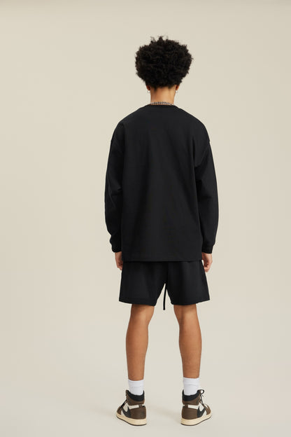 305GSM Unisex Premium Heavyweight Double-Yarn Plain Fabric Earth-Tone Basic Layering Long sleeve Black