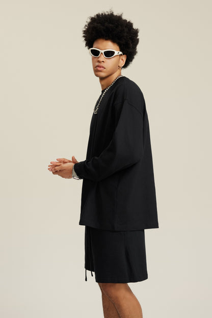 305GSM Unisex Premium Heavyweight Double-Yarn Plain Fabric Earth-Tone Basic Layering Long sleeve Black