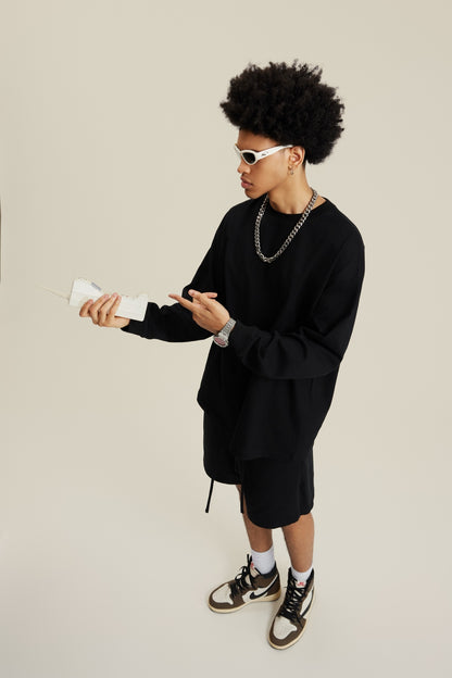 305GSM Unisex Premium Heavyweight Double-Yarn Plain Fabric Earth-Tone Basic Layering Long sleeve Black