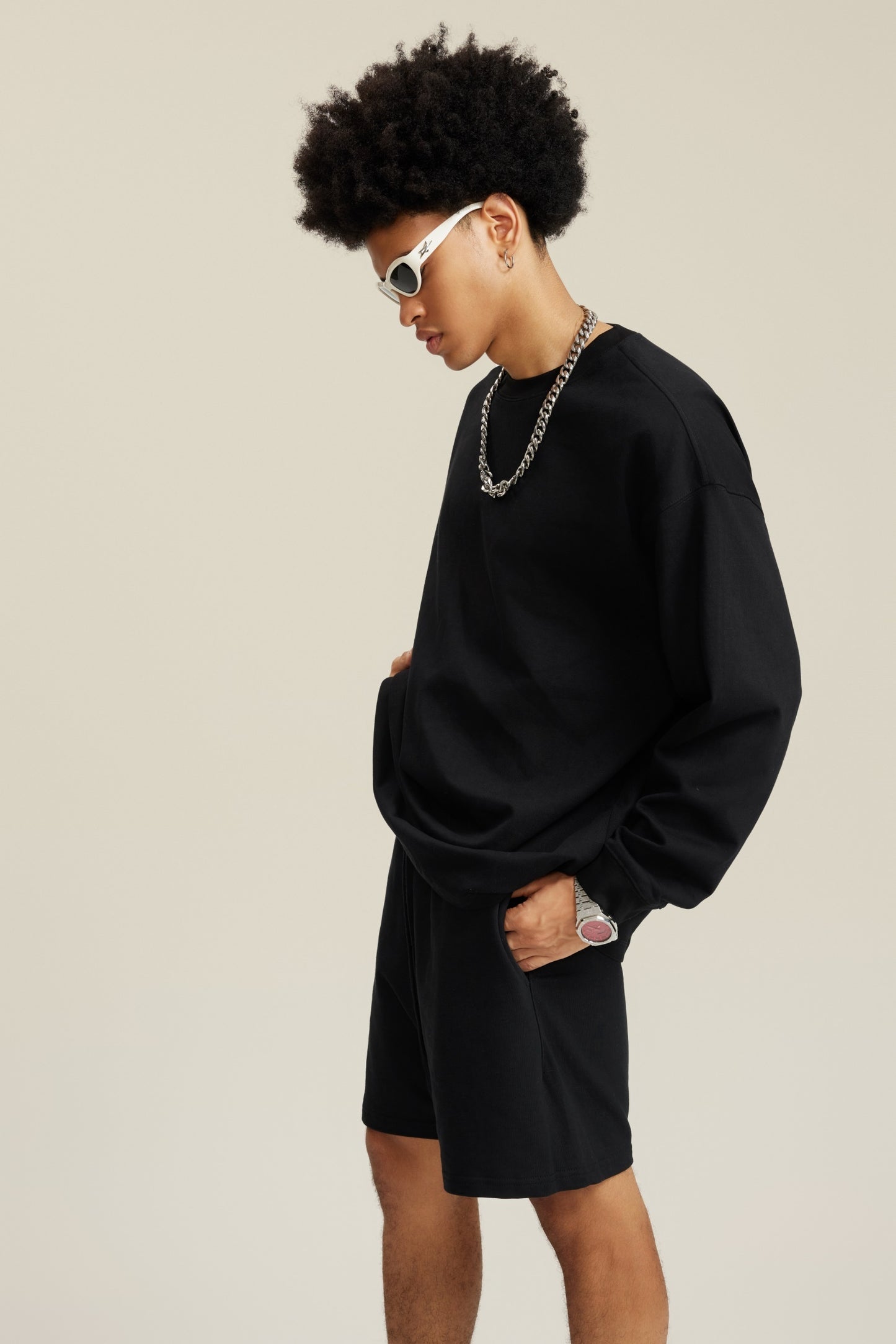 305GSM Unisex Premium Heavyweight Double-Yarn Plain Fabric Earth-Tone Basic Layering Long sleeve Black