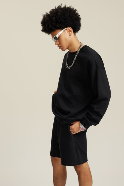 305GSM Unisex Premium Heavyweight Double-Yarn Plain Fabric Earth-Tone Basic Layering Long sleeve Black