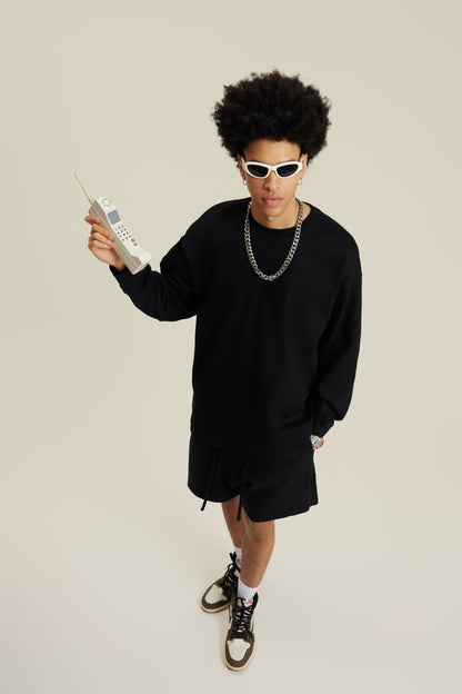 305GSM Unisex Premium Heavyweight Double-Yarn Plain Fabric Earth-Tone Basic Layering Long sleeve Black