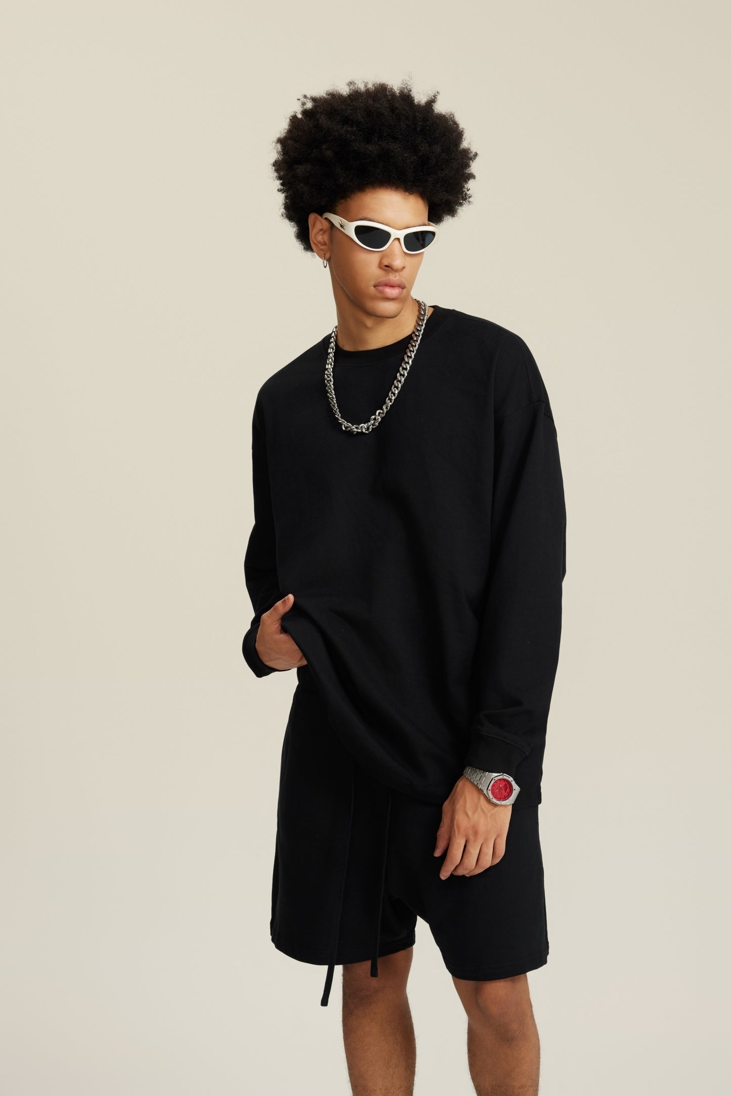 305GSM Unisex Premium Heavyweight Double-Yarn Plain Fabric Earth-Tone Basic Layering Long sleeve Black