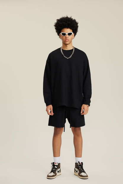 305GSM Unisex Premium Heavyweight Double-Yarn Plain Fabric Earth-Tone Basic Layering Long sleeve Black