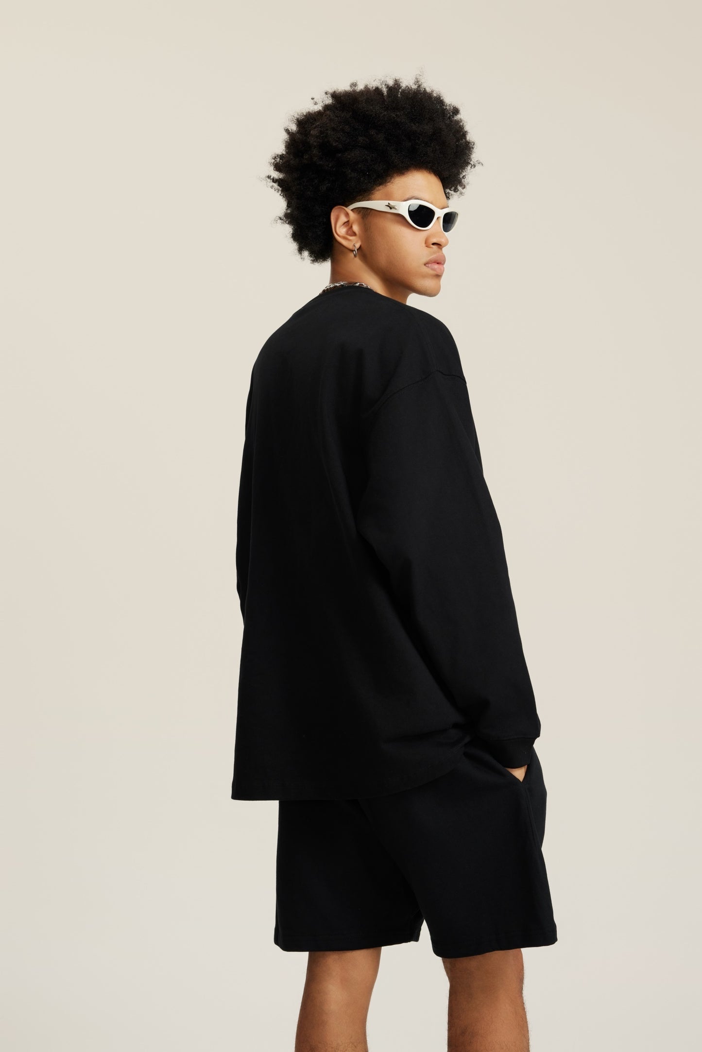 305GSM Unisex Premium Heavyweight Double-Yarn Plain Fabric Earth-Tone Basic Layering Long sleeve Black
