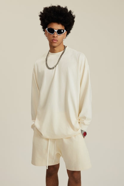 305GSM Unisex Premium Heavyweight Double-Yarn Plain Fabric Earth-Tone Basic Layering Long sleeve Milk Tea White
