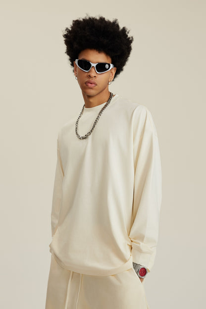 305GSM Unisex Premium Heavyweight Double-Yarn Plain Fabric Earth-Tone Basic Layering Long sleeve Milk Tea White