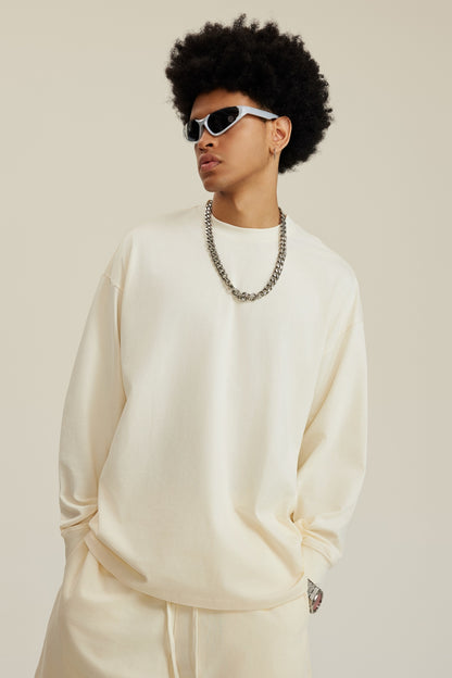 305GSM Unisex Premium Heavyweight Double-Yarn Plain Fabric Earth-Tone Basic Layering Long sleeve Milk Tea White
