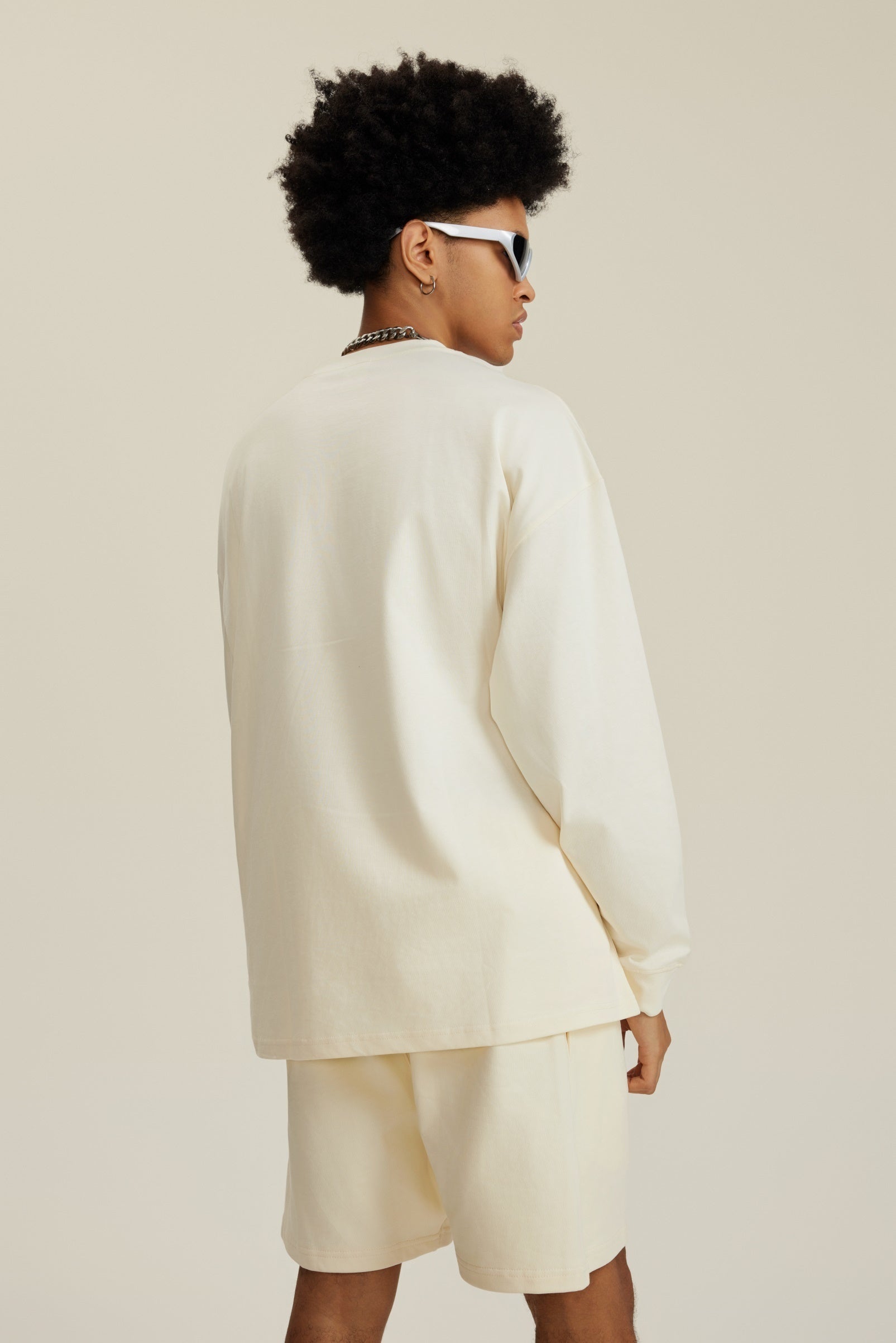 305GSM Unisex Premium Heavyweight Double-Yarn Plain Fabric Earth-Tone Basic Layering Long sleeve Milk Tea White