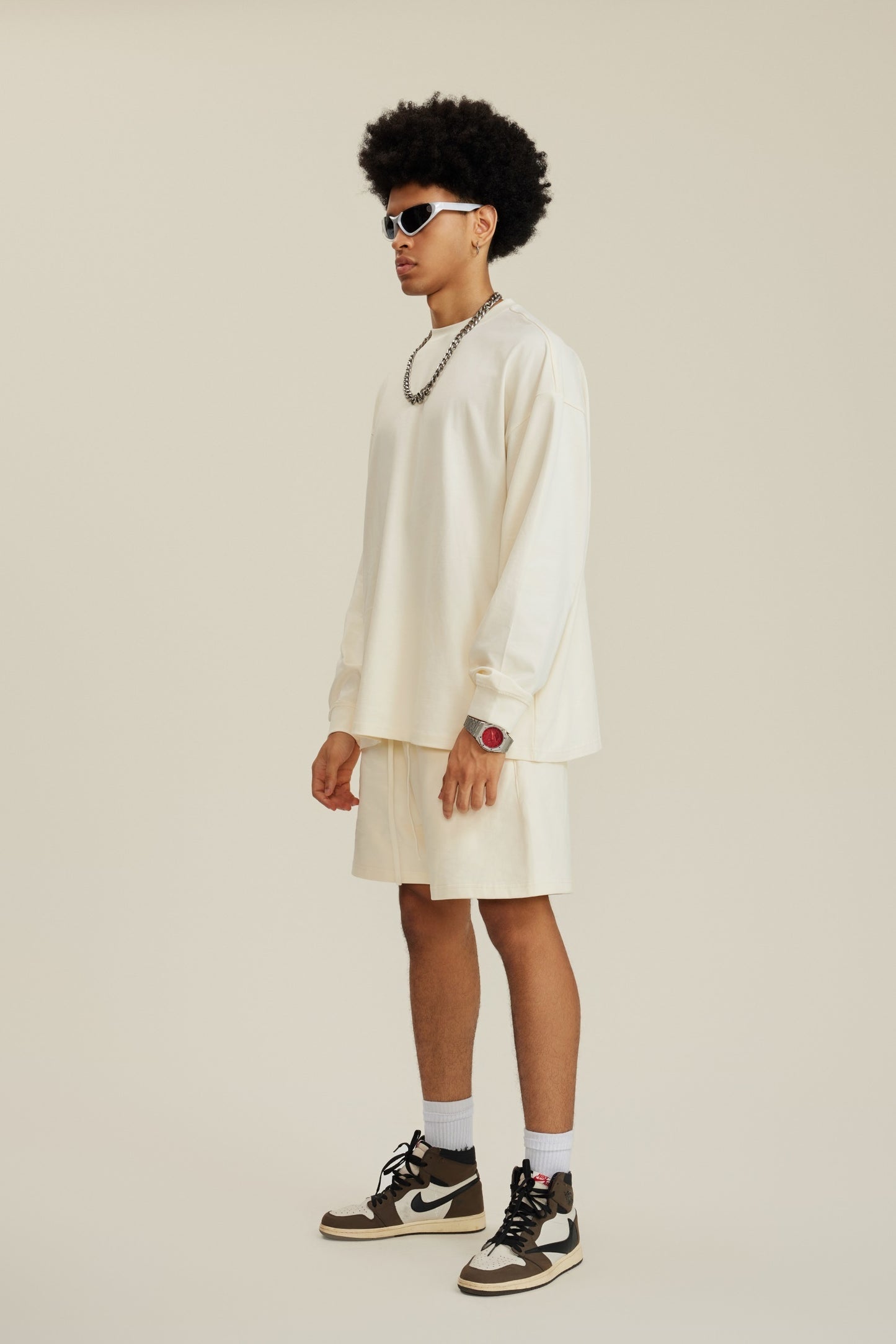 305GSM Unisex Premium Heavyweight Double-Yarn Plain Fabric Earth-Tone Basic Layering Long sleeve Milk Tea White
