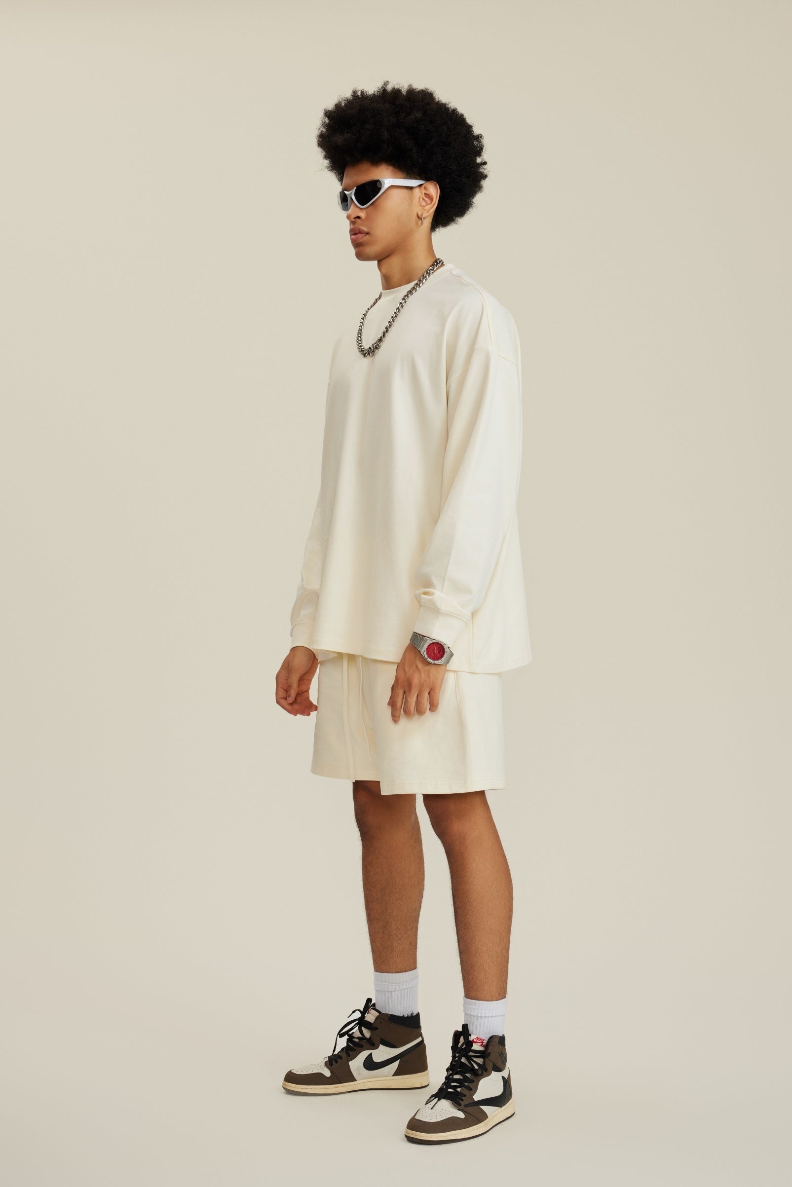 305GSM Unisex Premium Heavyweight Double-Yarn Plain Fabric Earth-Tone Basic Layering Long sleeve Milk Tea White