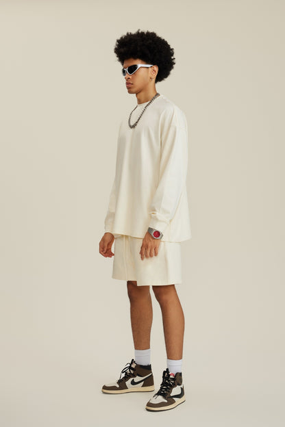 305GSM Unisex Premium Heavyweight Double-Yarn Plain Fabric Earth-Tone Basic Layering Long sleeve Milk Tea White